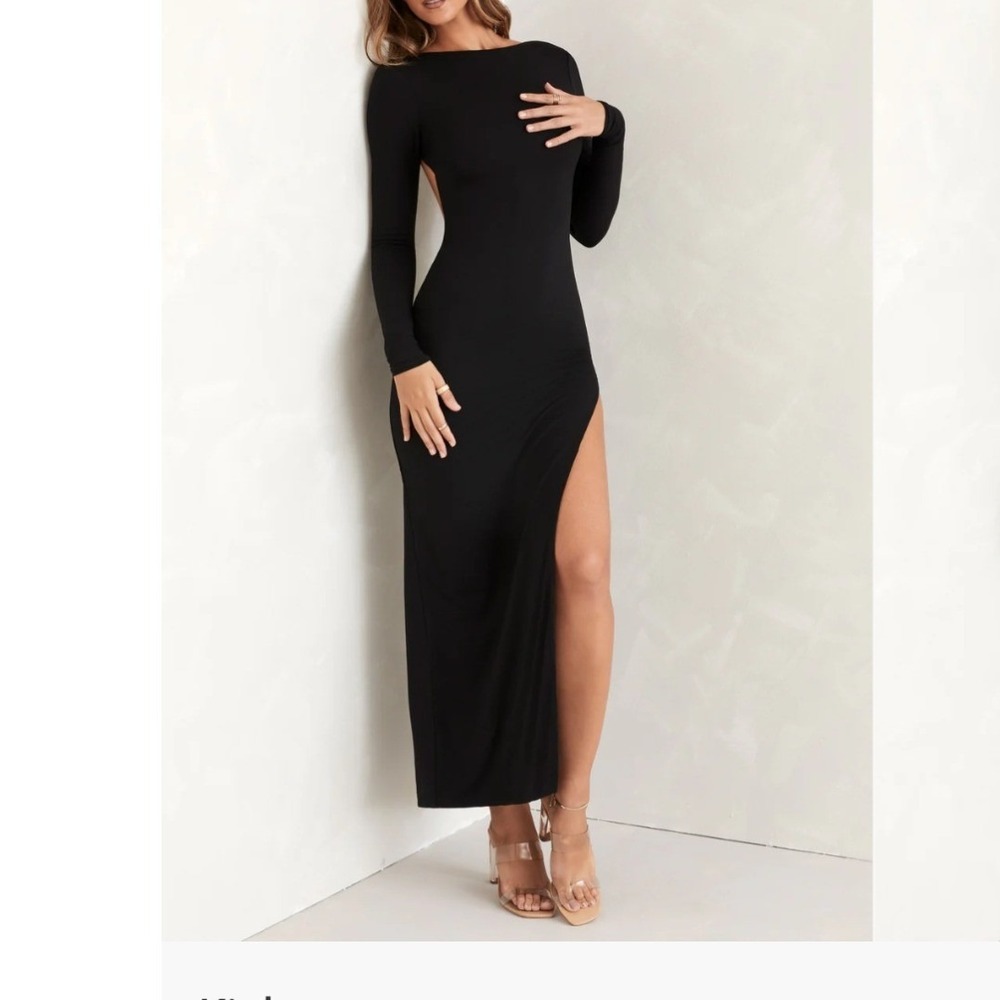 Oh Polly Kiah Long Sleeve Backless Maxi Dress Black High Slit Bodycon NEW Size 6